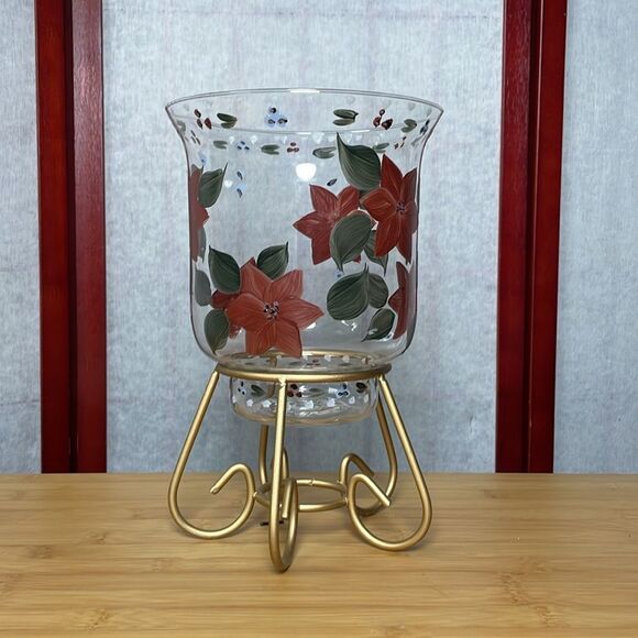 Litetyme Handcrafted Glassware Poinsettia Hurricane Glass Candle Holder - Picture 1 of 10